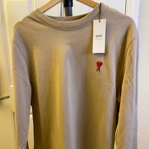 AMI Long Sleeve Heart Tee | Medium Beige Unisex | Authentic New with tag